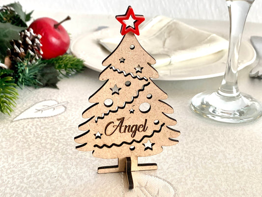 Personalized Freestanding Christmas Tree — Wood Place Name Ornament with Star