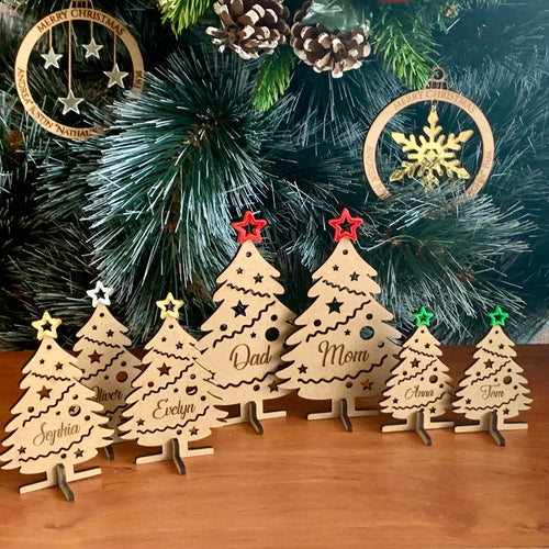 Personalized Freestanding Wooden Christmas Trees | Custom Xmas Place Cards | Mom, Dad & Kids Wood Ornaments