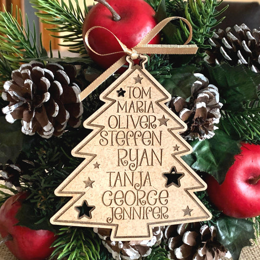 Personalized Wooden Family Christmas Tree Ornament – Engraved Hanging Keepsake with Family Names & Custom Year – Holiday Gift, Up to 8 Names