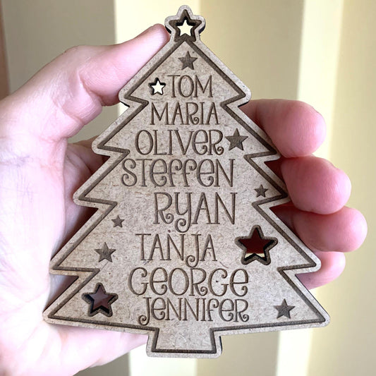 Personalized Wooden Family Christmas Tree Ornament – Engraved Hanging Keepsake with Family Names & Custom Year – Holiday Gift, Up to 8 Names