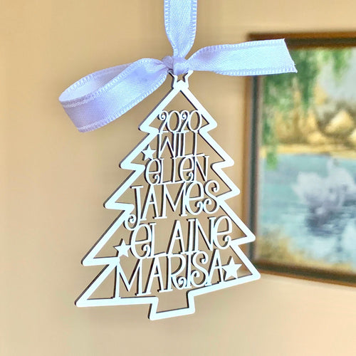Custom Family Names Christmas Tree Ornament — Stainless Steel (Silver) with Year 2025/2026