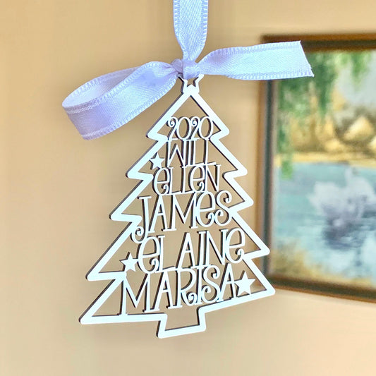 Custom Family Names Christmas Tree Ornament — Stainless Steel (Silver) with Year 2025/2026