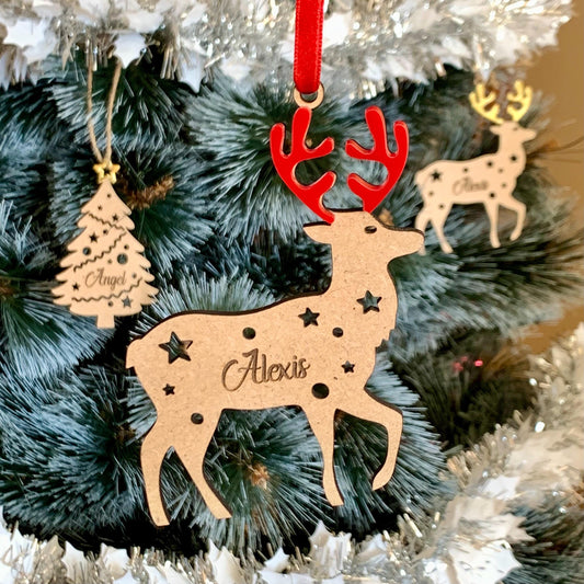 Custom Reindeer Name Ornament — Engraved Wood with Colored Acrylic Antlers
