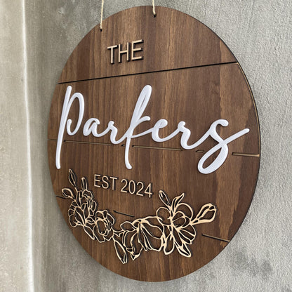 Custom Wedding Welcome Sign – Personalized Family Name Round Wood Sign with Flowers – Floral Wall Decor & Keepsake – Anniversary or Photo Prop Gift