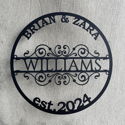 Custom Family Name Metal Sign – Personalized Last Name, Couple Names & Established Year – Wedding or Anniversary Gift – Filigree Wall Art Plaque