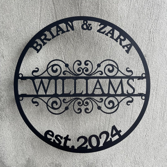 Custom Family Name Metal Sign – Personalized Last Name, Couple Names & Established Year – Wedding or Anniversary Gift – Filigree Wall Art Plaque