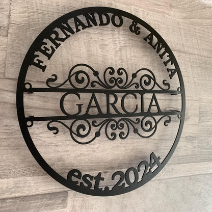 Custom Family Name Metal Sign – Personalized Last Name, Couple Names & Established Year – Wedding or Anniversary Gift – Filigree Wall Art Plaque