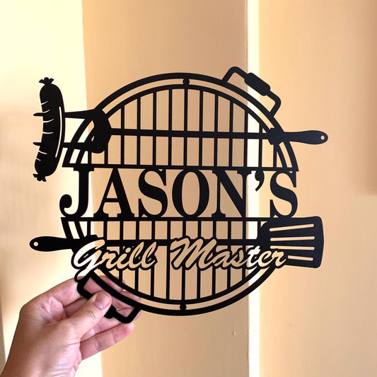 Custom BBQ Grill Master Metal Sign – Personalized Name Sign for Backyard, Patio, or Man Cave – Outdoor Bar & Grill Decor – Gift for Dad or Husband