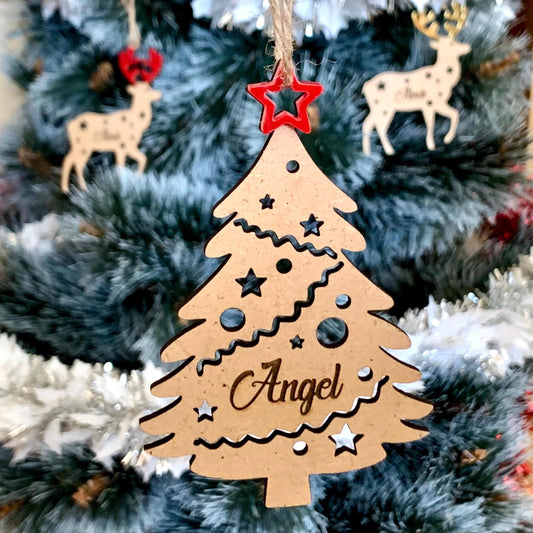 Custom Name Christmas Tree Ornament — Engraved Wood with Colored Acrylic Star