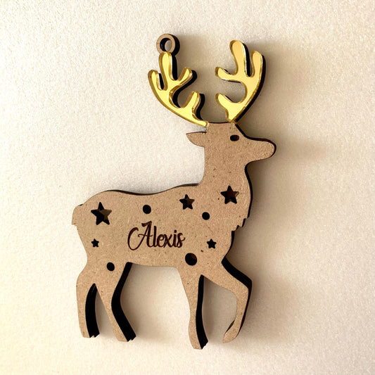 Custom Reindeer Name Ornament — Engraved Wood with Colored Acrylic Antlers