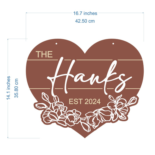 Custom Heart Last Name Sign – Personalized Wood Sign with Floral Accents – Valentine’s Day Gift, Wedding Decor, or Couple Keepsake