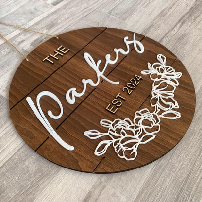 Personalized Family Name Wood Sign – Custom Welcome Sign with Flowers & Established Date – Rustic Wedding Decor or Housewarming Gift
