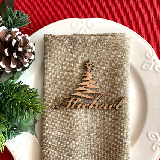 Personalized Christmas Tree Place Cards – Custom Laser-Cut Name Tags in Acrylic or Wood – Holiday Table Decor & Keepsake Ornaments (3" × 2")