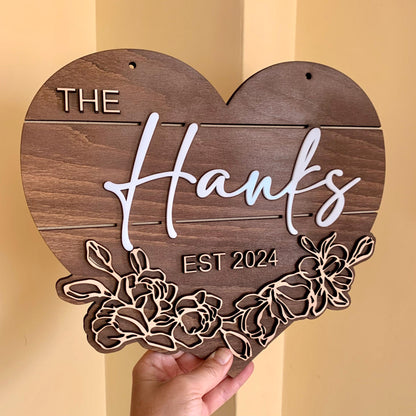 Custom Heart Last Name Sign – Personalized Wood Sign with Floral Accents – Valentine’s Day Gift, Wedding Decor, or Couple Keepsake