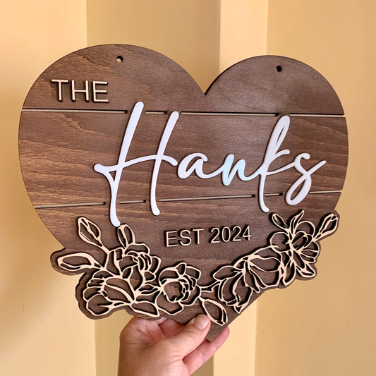 Custom Heart Last Name Sign – Personalized Wood Sign with Floral Accents – Valentine’s Day Gift, Wedding Decor, or Couple Keepsake