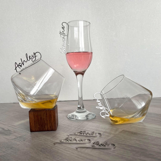 Custom Stainless Steel Drink Name Tags – Personalized Glass Markers for Weddings, Parties & Events – Laser Cut Wine Charms & Place Cards