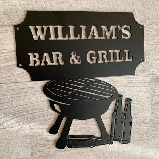 Custom Bar & Grill Metal Sign – Personalized BBQ and Beer Wall Art – Backyard Bar Plaque for Home, Patio, or Man Cave – Gift for Dad or Husband