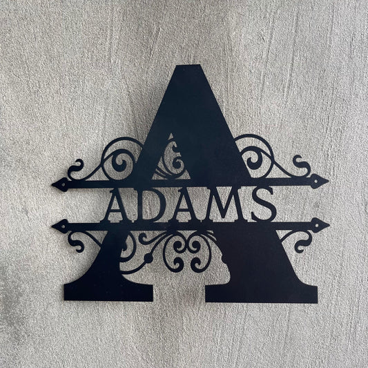 Custom Family Name Metal Sign – Personalized Last Name with Split Letter Monogram – Wreath Initial Front Door Decor – Wedding or Housewarming Gift