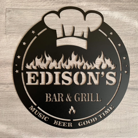 Custom Bar & Grill Sign – Personalized Metal BBQ Plaque Outdoor Grilling Decor Music and Beer Welcome Sign - Man Cave, Garden, Patio Decor