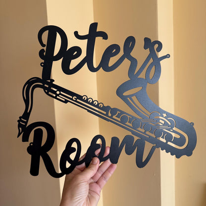 Saxophone Name Sign – Personalized Metal Wall Art for Musicians – Custom Saxophone Sign for Music Room or Studio – Music Gift for Jazz Lovers