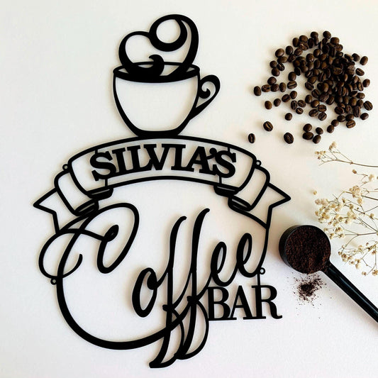 Custom Coffee Bar Metal Name Sign – Personalized Laser-Cut Coffee Cup Wall Art - Kitchen Café Decor & Housewarming Gift