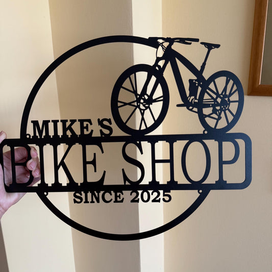 Custom Bike Shop Name Sign – Personalized Bicycle Service Wall Art with Est. Year – Garage or Man Cave Decor – Cyclist Gift Metal Plaque