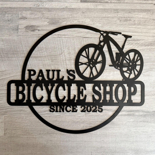Custom Bicycle Shop Metal Sign – Personalized Name & Established Year – Cyclist Workshop Wall Decor – Handmade Bike Repair Garage Plaque