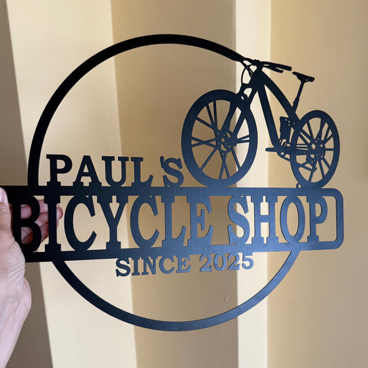 Custom Bicycle Shop Metal Sign – Personalized Name & Established Year – Cyclist Workshop Wall Decor – Handmade Bike Repair Garage Plaque