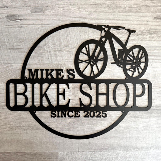Custom Bike Shop Name Sign – Personalized Bicycle Service Wall Art with Est. Year – Garage or Man Cave Decor – Cyclist Gift Metal Plaque