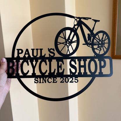 Custom Bicycle Shop Metal Sign – Personalized Name & Established Year – Cyclist Workshop Wall Decor – Handmade Bike Repair Garage Plaque