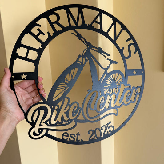 Custom Bike Center Metal Sign – Personalized Bicycle Shop Wall Decor – Garage or Man Cave Bike Repair Sign – Custom Name Metal Plaque