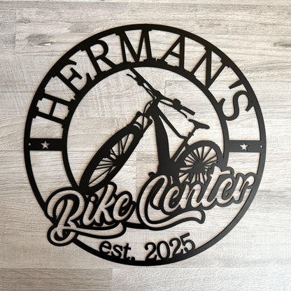 Custom Bike Center Metal Sign – Personalized Bicycle Shop Wall Decor – Garage or Man Cave Bike Repair Sign – Custom Name Metal Plaque