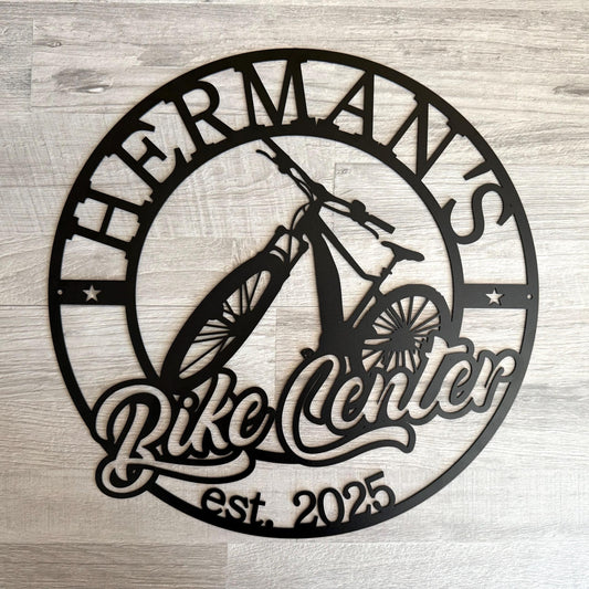 Custom Bike Center Metal Sign – Personalized Bicycle Shop Wall Decor – Garage or Man Cave Bike Repair Sign – Custom Name Metal Plaque