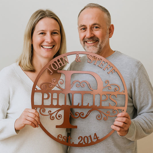Personalized Metal Family Name Sign – Split Letter Monogram with Last Name & Established Year – Custom Wedding Wall Art Gift