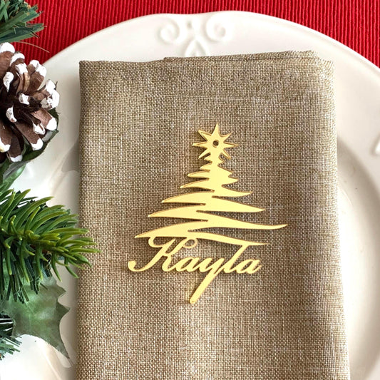 Personalized Christmas Tree Place Cards – Custom Laser-Cut Name Tags in Acrylic or Wood – Holiday Table Decor & Keepsake Ornaments (3" × 2")