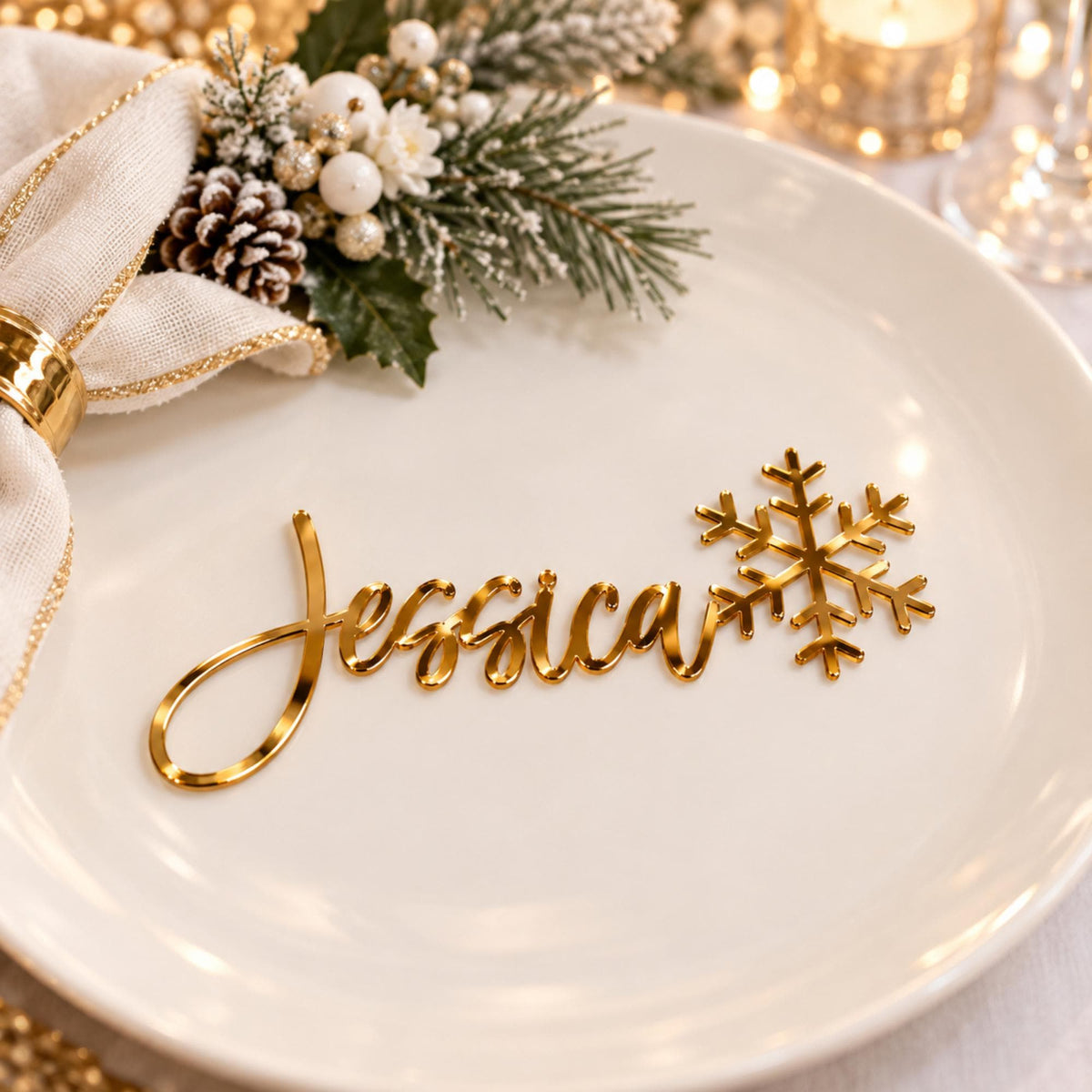 Personalized Christmas Place Cards, Custom Laser Cut Names with Snowflakes, Holiday Table Decor