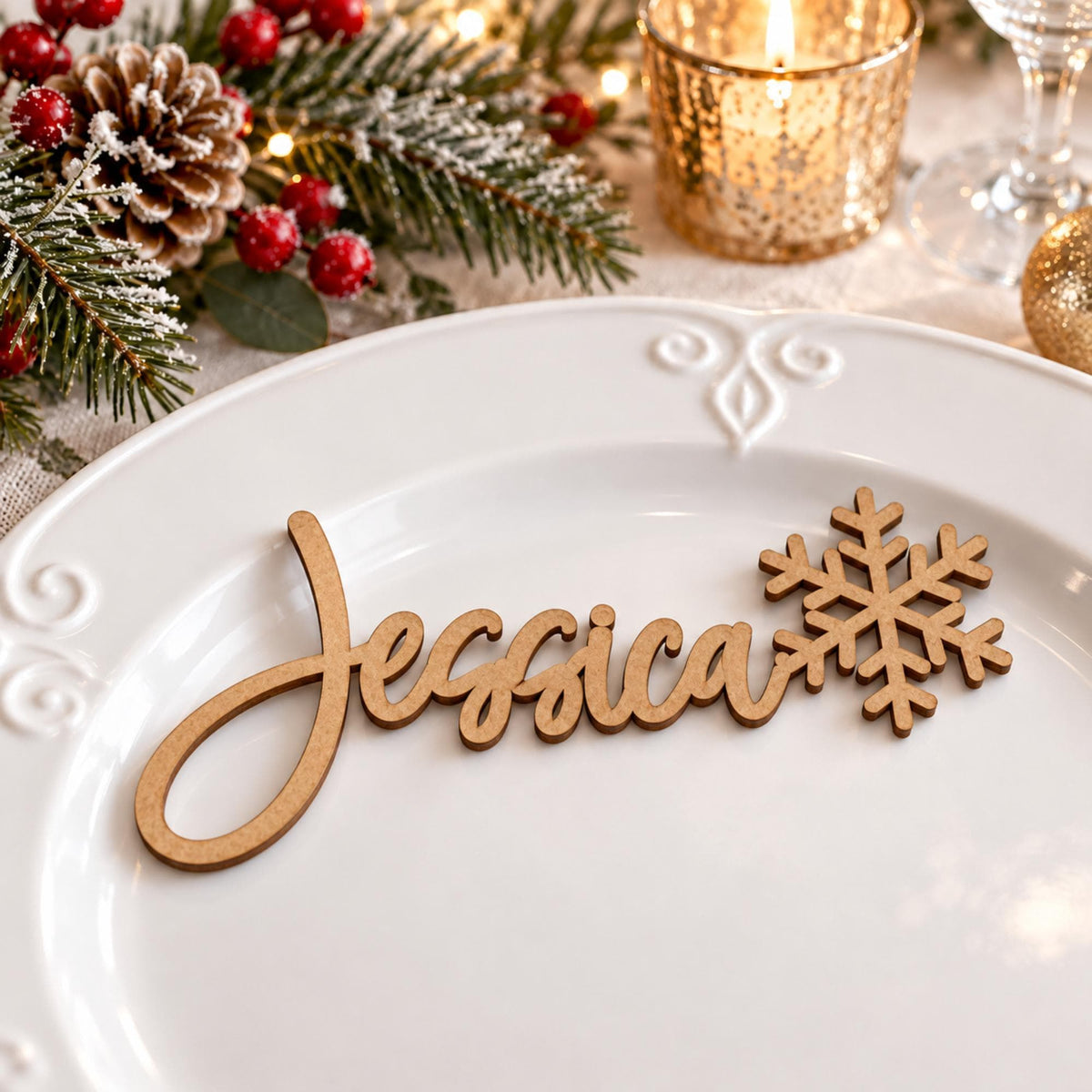 Personalized Christmas Place Cards, Custom Laser Cut Names with Snowflakes, Holiday Table Decor