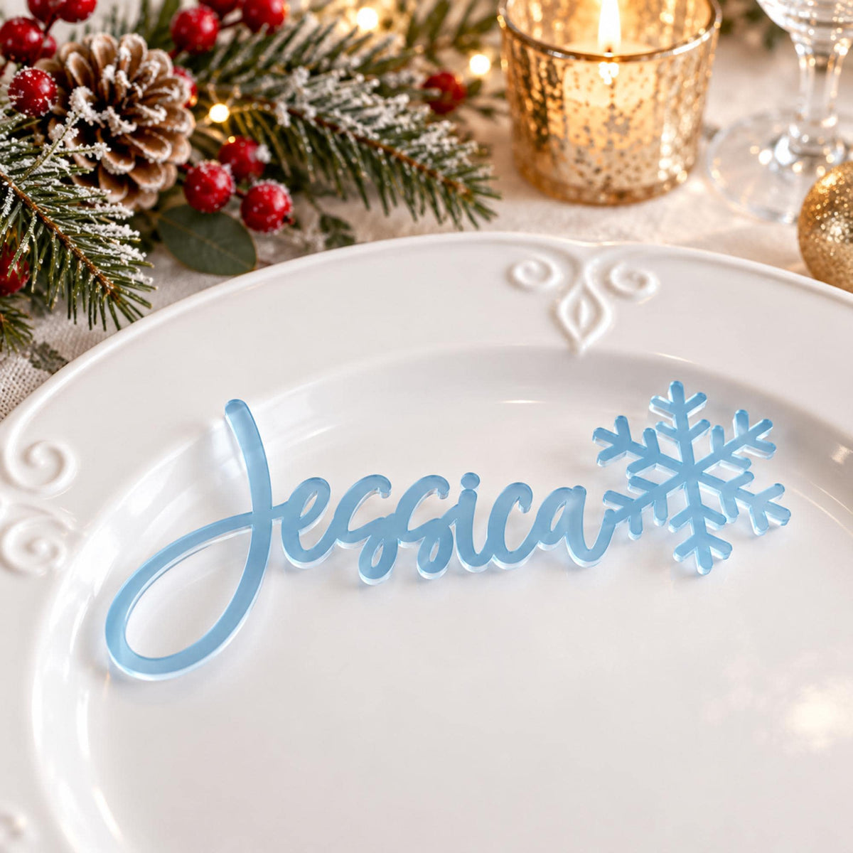 Personalized Christmas Place Cards, Custom Laser Cut Names with Snowflakes, Holiday Table Decor
