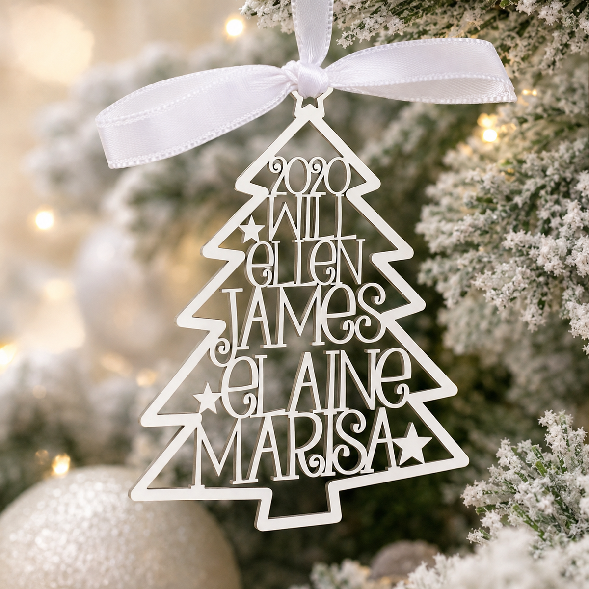 Custom Family Names Christmas Tree Ornament — Stainless Steel | Handmade