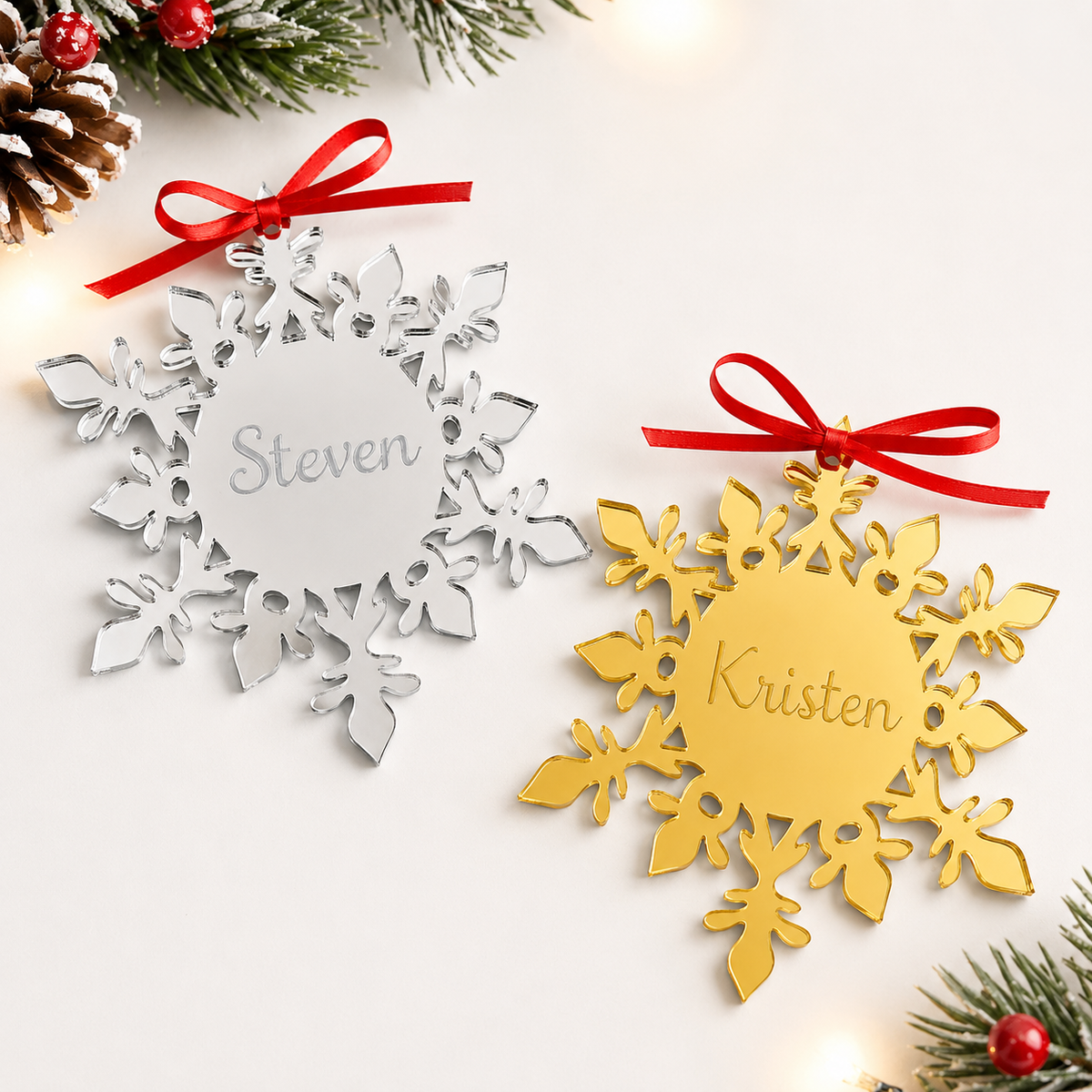 Personalized Mirror Snowflake Christmas Ornament | Custom Engraved Acrylic Keepsake