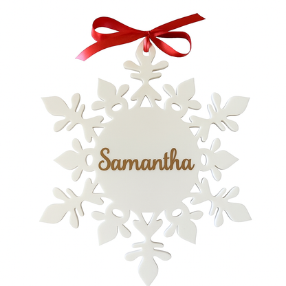 Personalized White Snowflake Ornaments – Custom Name Christmas Tree Decorations – Laser-Cut Acrylic Place Cards & Holiday Table Name Tags
