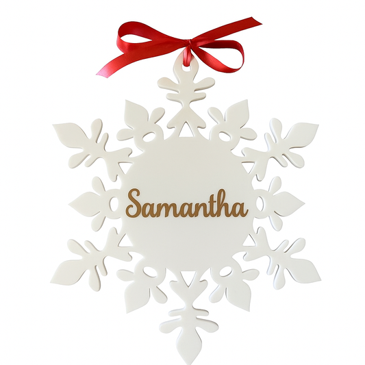 Personalized White Snowflake Ornaments – Custom Name Christmas Tree Decorations – Laser-Cut Acrylic Place Cards & Holiday Table Name Tags