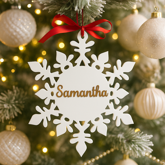 Personalized White Snowflake Ornaments – Custom Name Christmas Tree Decorations – Laser-Cut Acrylic Place Cards & Holiday Table Name Tags