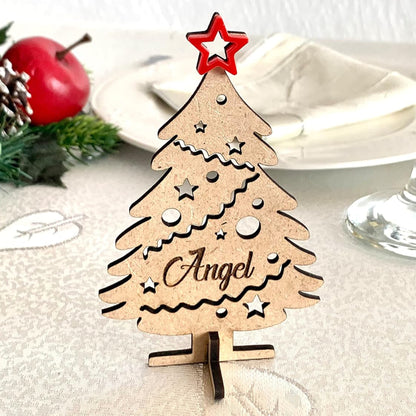 Personalized Christmas Place Cards – Freestanding 3D Wooden Trees with Name Tags – Custom Table Decorations & Ornaments