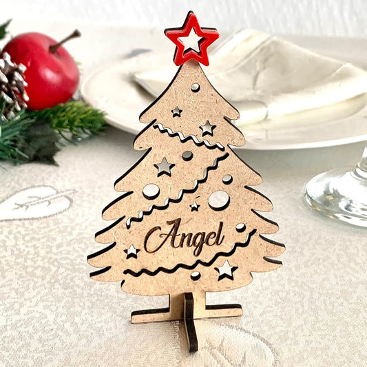 Personalized Christmas Place Cards – Freestanding 3D Wooden Trees with Name Tags – Custom Table Decorations & Ornaments